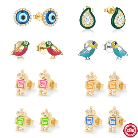 Boucles d'Oreilles Clous en Argent Sterling 925 Émail Zirconia Pour Femmes Design Unique Oeil d'Oiseau Avocado Bijoux