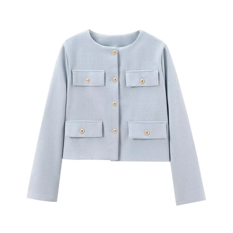 Women Chanel Style Cropped Tweed Jacket Round Neck Long Sleeve Golden Buttons Pockets Elegant Outerwear