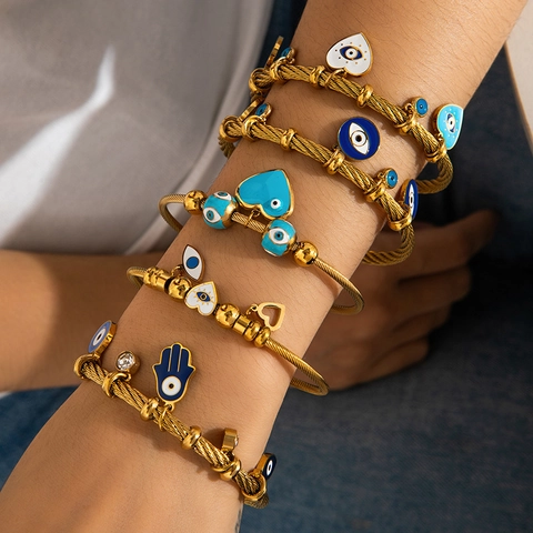 Evil Eye Heart Bangle Bracelet Stainless Steel Enamel 18K Gold Plated Twisted Cable Bohemian Lucky Charm Jewelry For Women