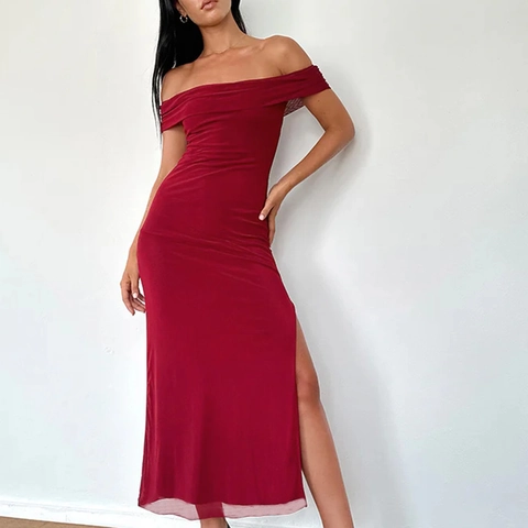 Sexy Schulterfreies Maxikleid Polyester Elasthan Mesh Ärmellos Hoher Schlitz Ruched Bodycon Abendparty Damen Langes Kleid