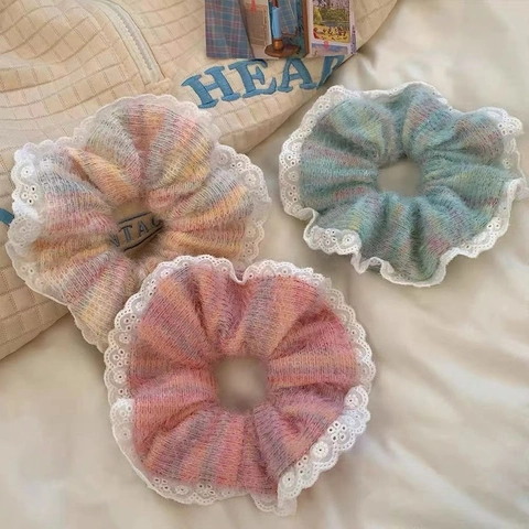 Rainbow Knit Scrunchies With White Lace Trim Elastic Hair Ties For Women Korean Style Autumn Winter Hair Accessories