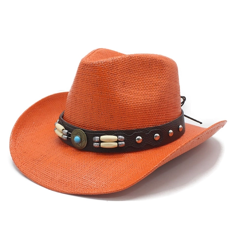 Western Cowboy Hat Paper Straw Sun Protection Beach Vintage Ethnic Turquoise Leather Band For Men Women