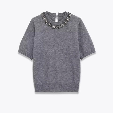 Maglione In Maglia Donna Elegante Maniche Corte Colletto Con Perline Decorazione Strass Girocollo Grigio Top
