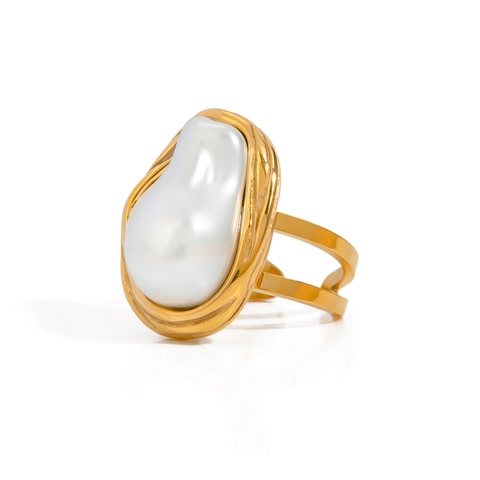 Vintage Titaniumstaal Barok Kunstparel Open Ring Verguld 18K Goud Onregelmatige Geometrische Dames Mode Sieraden