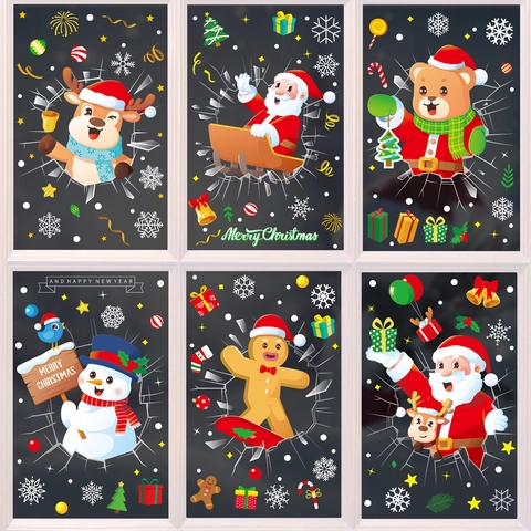 Christmas Window Clings PVC Static Cling Cartoon Santa Snowman Reindeer Holiday Glass Decoration