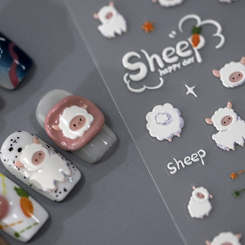 Cute Cartoon Sheep Relief Nail Stickers Embossed Adhesive DIY Decoration Nail Art Decals Professional