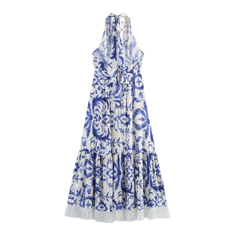 Abito Maxi Halter Bohemien Poliestere Blu Bianco Stampa Ikat Orlo Con Nappe Pizzo Senza Maniche Scollo A V Vacanza Per Donna