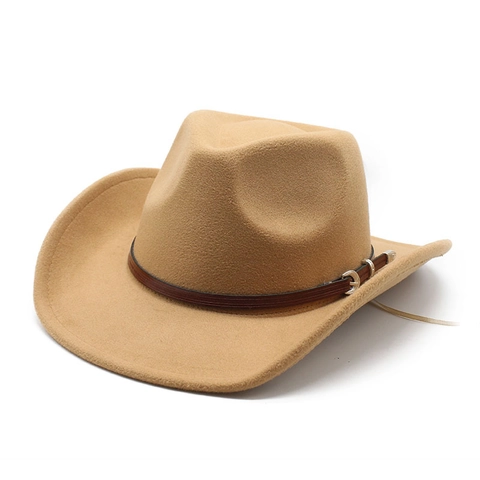 Chapeau De Cowboy Occidental Vintage Feutre De Laine Large Bord Fedora Jazz Avec Ceinture En Cuir Boucle Métallique