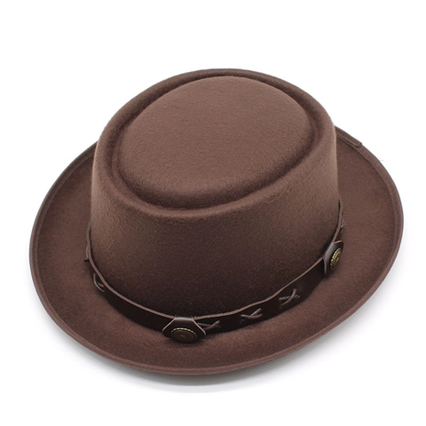 Chapeau Fedora Plat En Feutre De Laine Vintage Avec Bande En Cuir Et Rivets Métalliques Style Jazz Pour Hommes Femmes