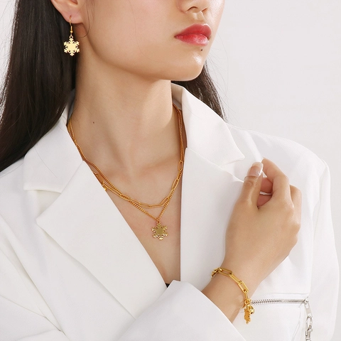 Stainless Steel Snowflake Jewelry Necklace Earrings Bracelet For Women Double Layer Chain Bell Christmas Accessory