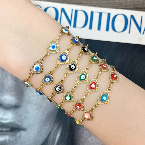 Modern Stainless Steel Heart Evil Eye Bracelet For Women Gold Plated Enamel Eye Colorful Adjustable Chain Fashion Jewelry Gift