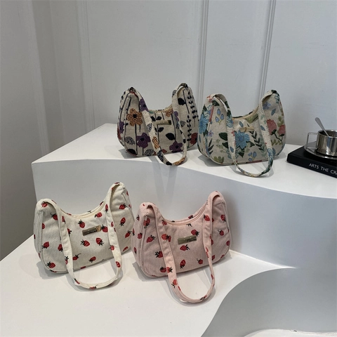 Vintage Strawberry Floral Print Underarm Shoulder Bag Corduroy Woven Fabric Casual For Women Girls