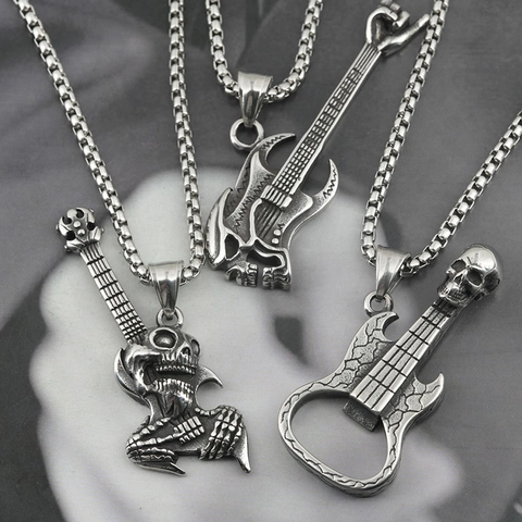Gitaar Schedel Hanger Ketting Titanium Staal Flesopener Rock Punk Hip Hop Gothic Sieraden Voor Mannen Vrouwen Cadeau