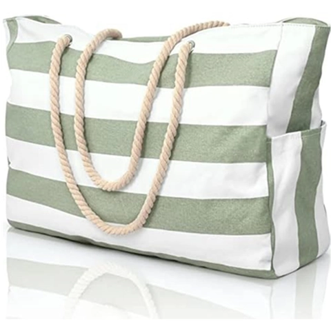 Large Striped Beach Tote Bag Waterproof Polyester With Rope Handle For Women Travel Vacation Pool Shopping Zip Closure