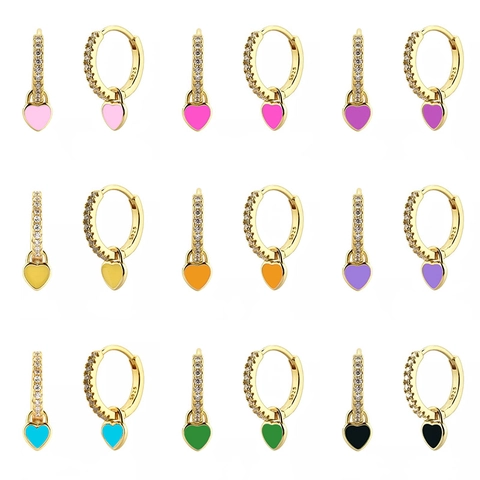 Heart Dangle Huggie Hoop Earrings Brass With Silver Earring Post AAA Zircon Colorful Enamel For Women Ins Style
