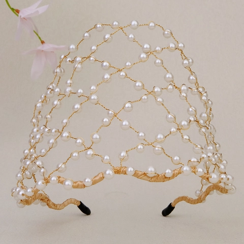 Elegante Cerchietto a Corona in Rete con Künstliche Perle d'Imitazione in Lega Fatto a Mano per Donna Matrimonio Sposa Gioielli Capelli