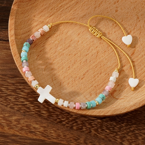 Bohemian Handmade Woven Cross Beaded Bracelet For Women Colorful Glass Semi-Precious Stone Shell Copper Beads Bracelet Gift