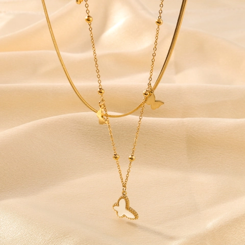 Collana A Doppio Strato Con Pendenti A Farfalla Acciaio Inossidabile Placcato Oro Conchiglia Bianca Gioielli Stile Francese