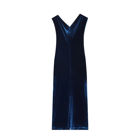 Navy Blue Velvet Midi Dress For Women Sleeveless Deep V Neck Slim Fit Bodycon Evening Party Gown With Back Slit