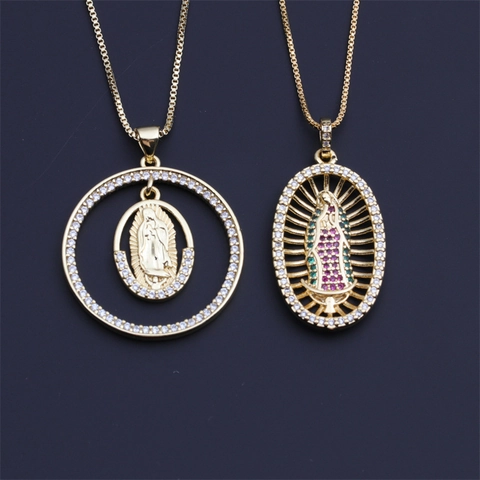 Collier Pendentif Notre Dame De Guadalupe Cuivre Plaqué Or Serti De Zircon Bijoux Religieux Pour Femmes
