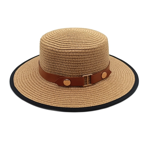 Damen Strohhut Boater Hut Sommer Strand Sonnenhut Mit Lederband Und Schwarzem Rand Flaches Top Breiter Rand