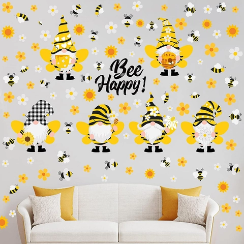 Spring Honey Bee Gnome Window Stickers PVC Self Adhesive Sunflower Daisy Wall Decals For Home Nursery Glass Decoration