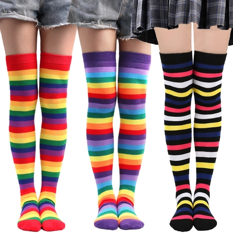 Women Rainbow Striped Over The Knee Socks Colorful Long Thigh High Stockings For Party Casual Breathable Polyester Knitted Socks
