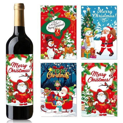 Pegatinas Botella Vino Navidad Etiquetas Decorativas Dibujos Animados Papá Noel Muñeco Nieve Reno Decoración Botella Fiesta Papel Autoadhesivo