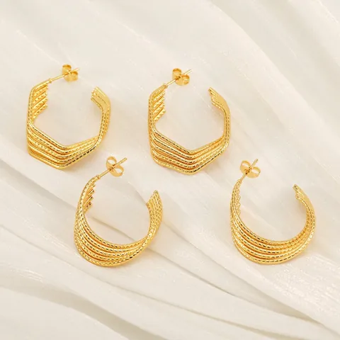 U-Shaped Geometric Layered Hoop Earrings 18K Gold Plated Stainless Steel Twisted Ripple Texture Minimalist Luxury Women