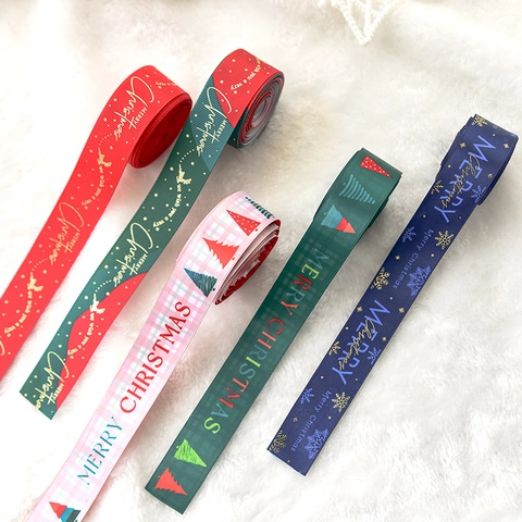 Christmas Ribbon Gold Stamping Grosgrain Satin Fabric For Gift Wrapping DIY Craft Holiday Decor