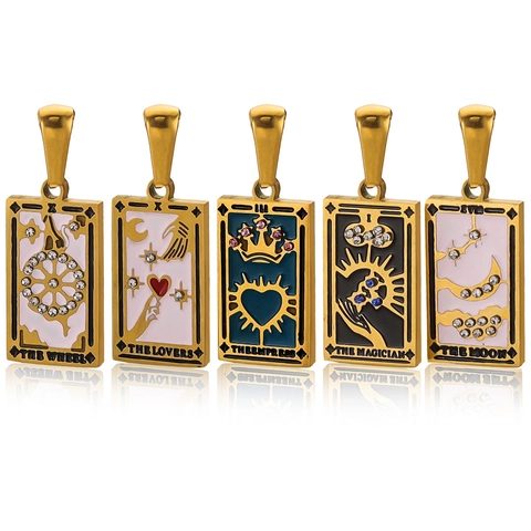 Tarot Card Drop Earrings Stainless Steel Enamel Rhinestone Rectangular Vintage Retro Style Jewelry For Women