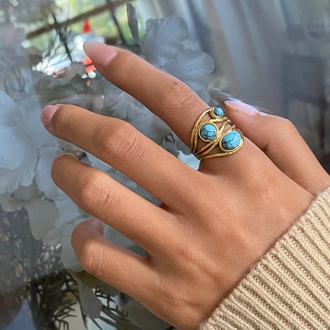 Bohemian Multilayer Open Ring Stainless Steel Natural Blue Turquoise Stones Gold Plated Adjustable Vintage Jewelry Women