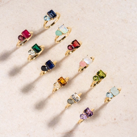 Vintage Titanium Steel Birthstone Adjustable Open Ring Women Gold Plated Geometric Rhinestone Inlaid Finger Ring Gift