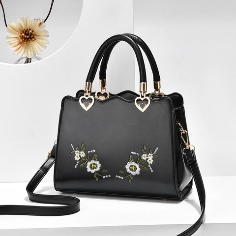 Handtasche Mit Blumenstickerei Für Damen PU Leder Herzschnalle Gewellter Rand Griff Umhängetasche Elegant