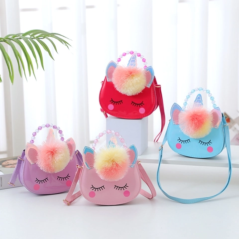 Unicorn Kids Shoulder Crossbody Bag PU Leather Cartoon Beaded Handle Plush Pom Pom Cute Princess Handbag For Girls