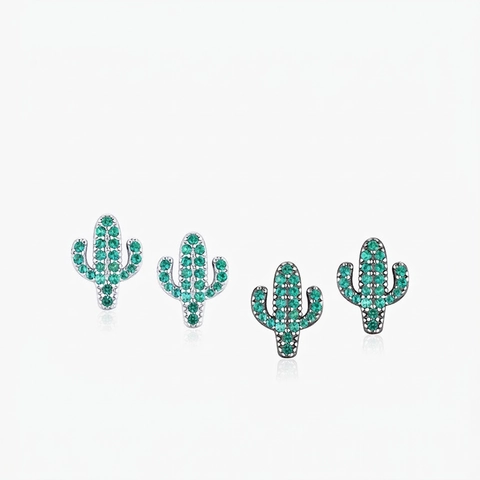 925 Sterlingsilber Kaktus Ohrstecker Für Damen Mit Grün Strass Mikro-Pave Schwarz Silber Plattiert Schmuck Geschenk
