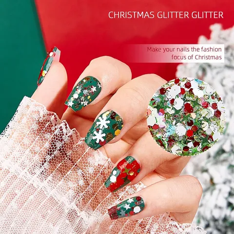 Brillantini Unghie Natale Fiocco Neve Stella Esagono Confetti DIY Manicure Decorazione Stile Festivo Plastica
