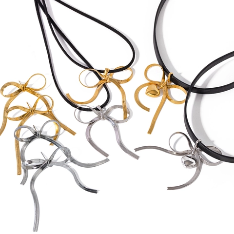 Bow Knot Heart Necklace And Earrings Stainless Steel 18K Gold Plated Fashion Jewelry Trendy For Women