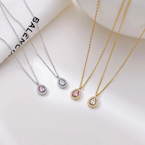 Waterdruppel Hanger Ketting Titanium Staal Peer Vormige Zirkonia Halo Elegante Minimalistische Sieraden Voor Dames