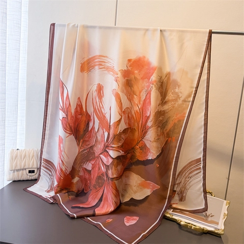 Elegant Abstract Floral Scarf Large Satin Polyester Shawl Lightweight Sun Protection Beach Wrap Headscarf For Women