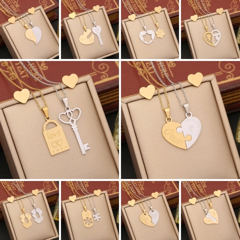 Heart Puzzle Pendant Necklace And Stud Earrings Stainless Steel Jewelry For Couples Best Friends Friendship