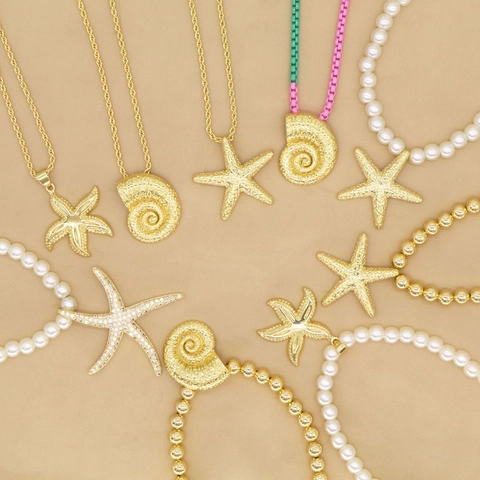 Beach Ocean Starfish Conch Pendant Necklace For Women Gold Plated Copper Artificial Pearl Rhinestone Clavicle Chain Jewelry