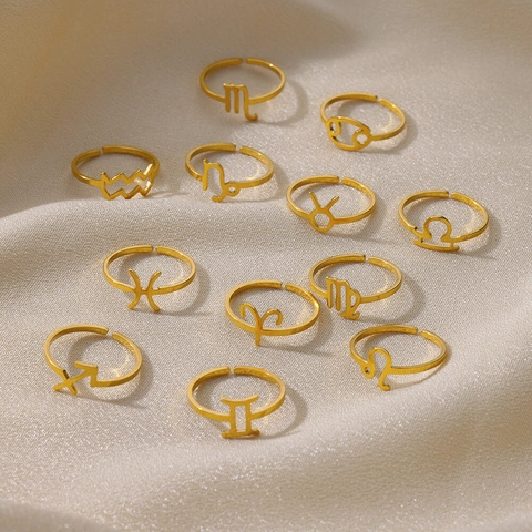 Stainless Steel Gold Adjustable Rings Zodiac Signs Symbol Minimalist Fashion Jewelry For Women Men