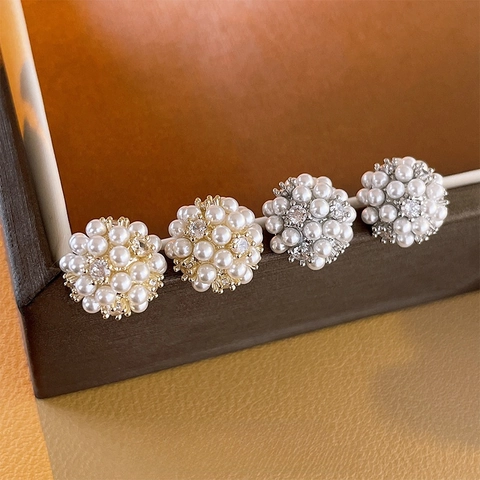Elegant Cluster Faux Artificial Pearl Stud Earrings Cubic Zirconia Gold Plated Copper With 925 Sterling Silver Earring Post For Women