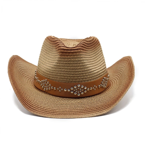 Western Cowboy Straw Hat Gradient Paper Sun Protection Beach Outdoor Wide Brim Leather Rivet Band Unisex
