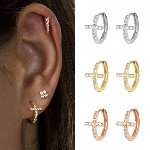Orecchini A Cerchio Con Croce Rame Placcato Oro Zirconia Vintage Gioielli Religiosi Per Donne