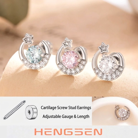Star Moon Cartilage Stud Earrings Copper Zircon With Stainless Steel Earring Post Screw Back Sweet Style For Women
