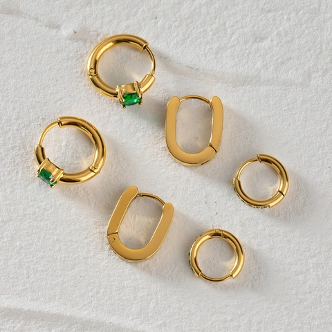 Edelstahl Creolen Grün Zirkon 18K Vergoldet Geometrisch Huggie Schmuck Für Damen Hypoallergen Wasserdicht
