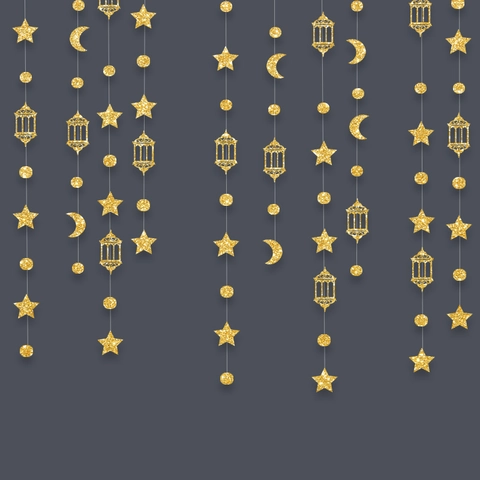 Glitter Star Moon Lantern Garland Eid Mubarak Hanging Banners For Ramadan Kareem Festival Party Home Wall Background Decor