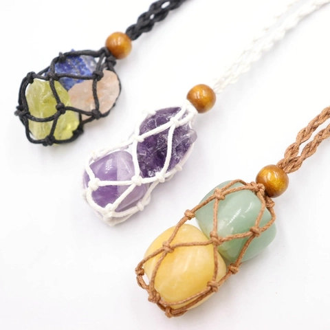 Hand Woven Necklace Cord Net Pouch Pendant Adjustable Retro Bohemian Style With Wood Beads For Crystal Stone